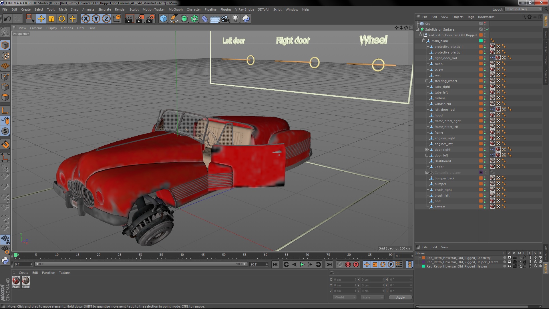 3D Red Retro Hovercar Old Rigged for Cinema 4D model