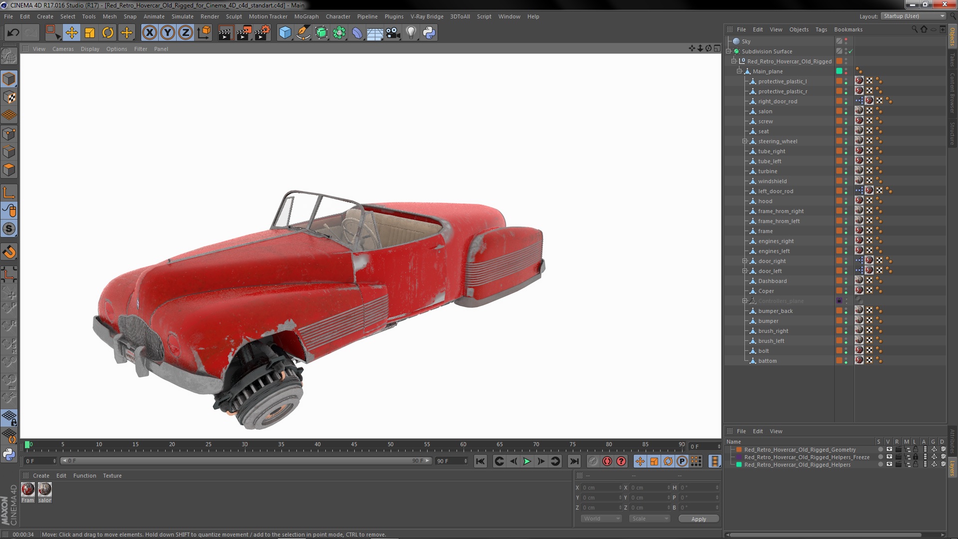 3D Red Retro Hovercar Old Rigged for Cinema 4D model