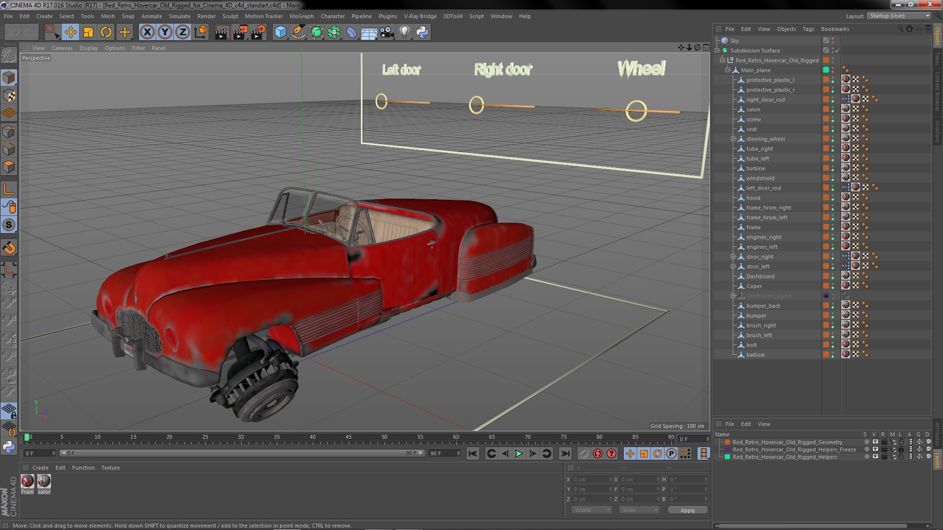 3D Red Retro Hovercar Old Rigged for Cinema 4D model