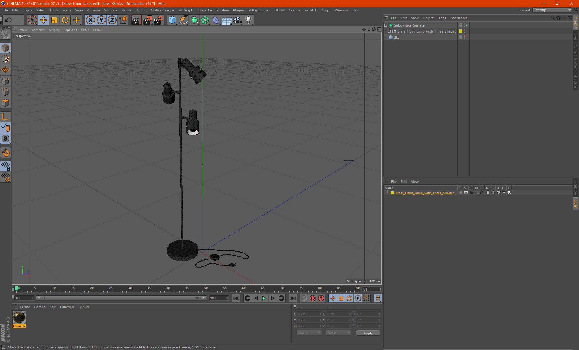 Brass Floor Lamp with Three Shades 3D model