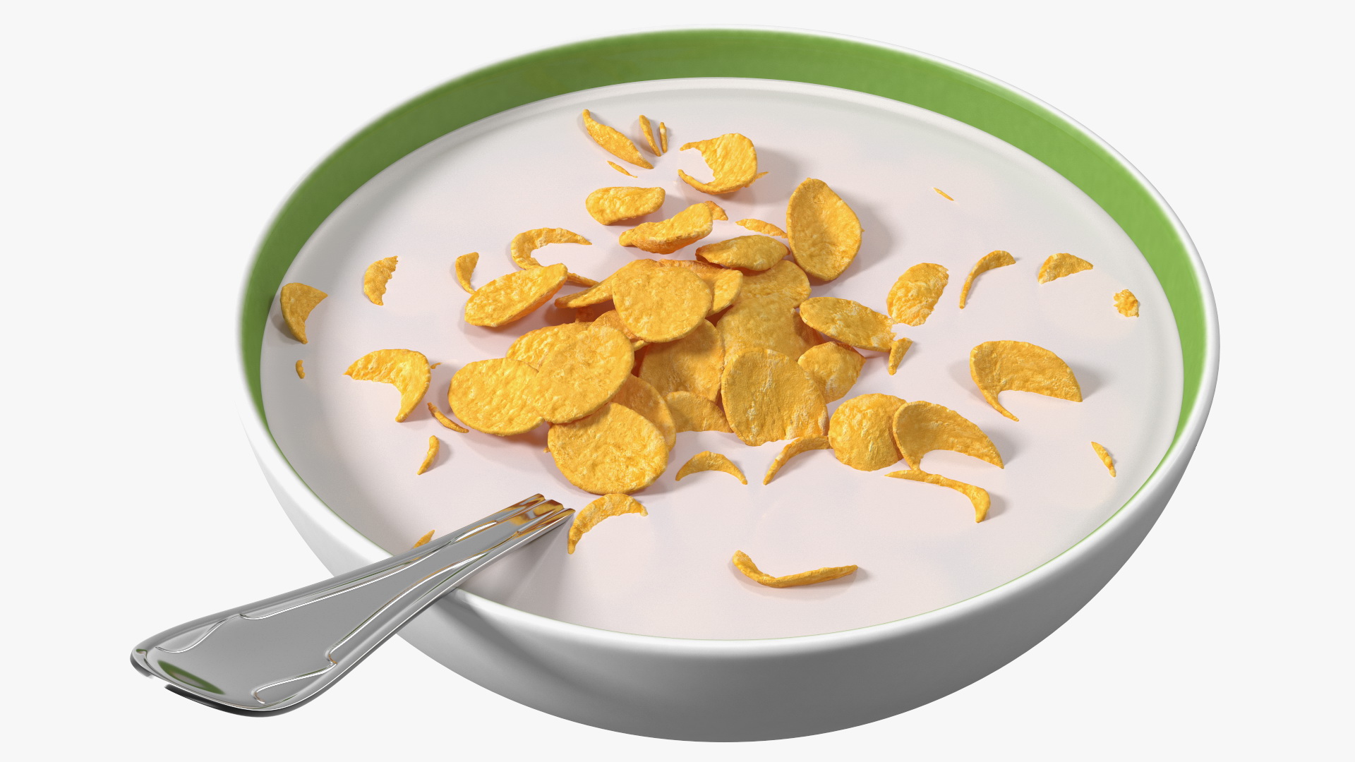 Bowl of Corn Flakes with Milk and Spoon 3D model