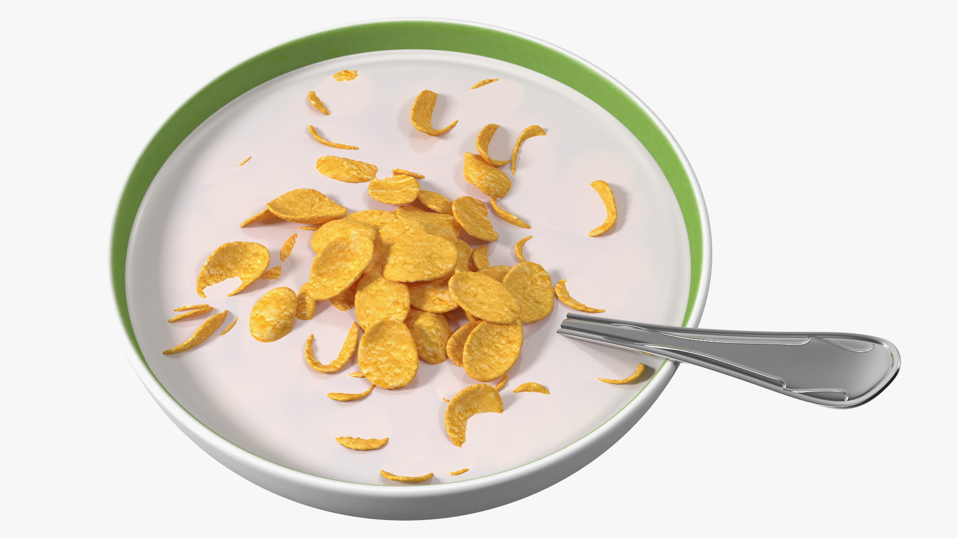 Bowl of Corn Flakes with Milk and Spoon 3D model