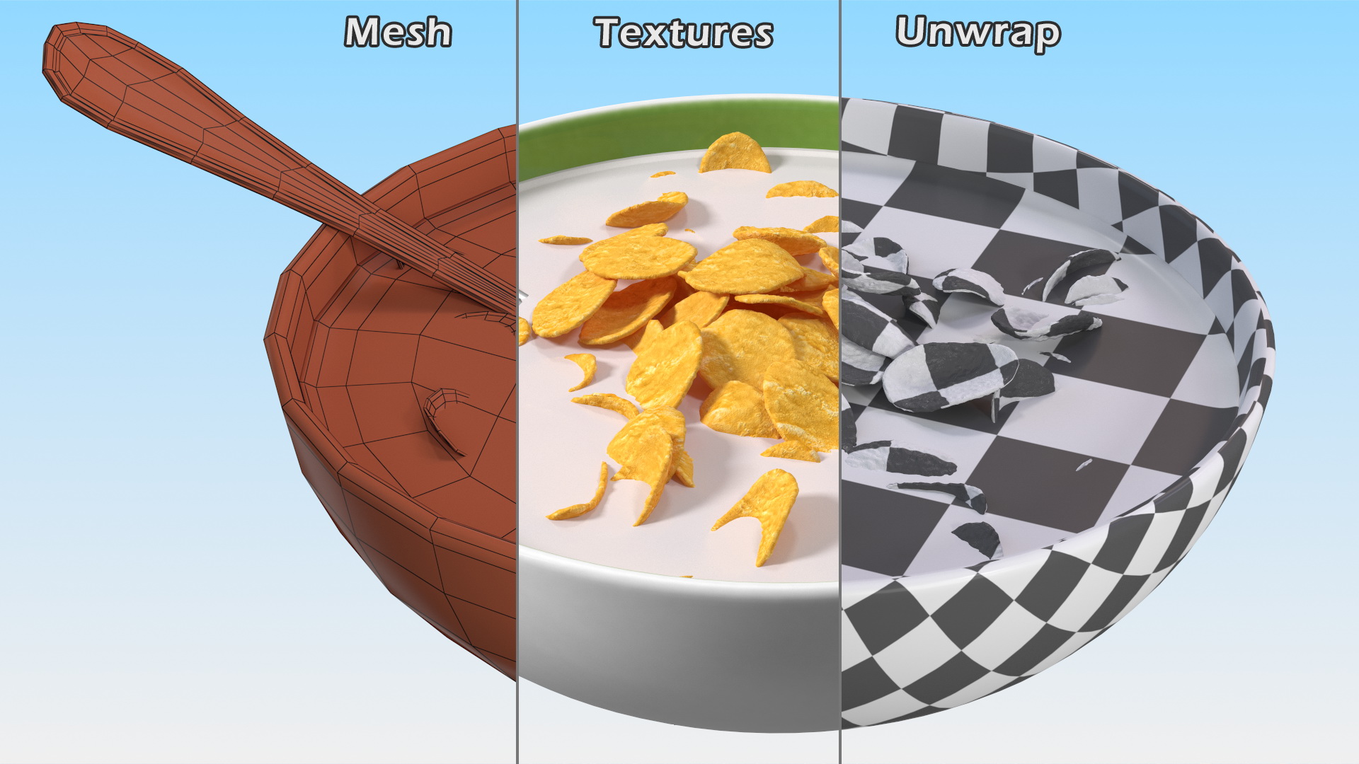 Bowl of Corn Flakes with Milk and Spoon 3D model