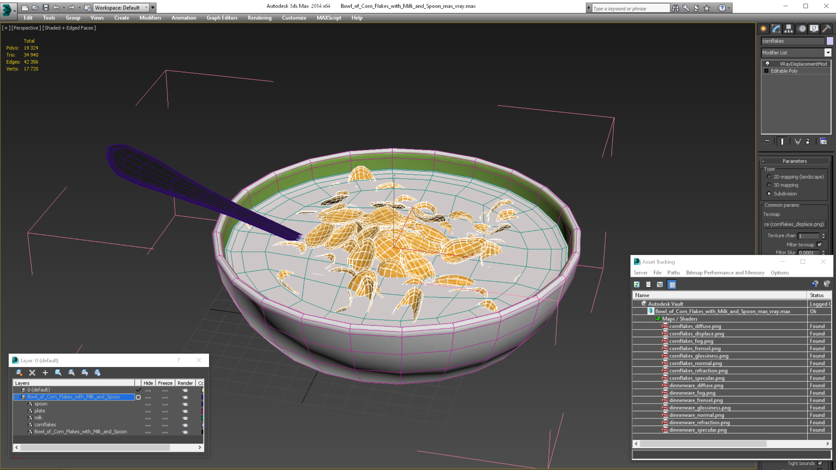 Bowl of Corn Flakes with Milk and Spoon 3D model