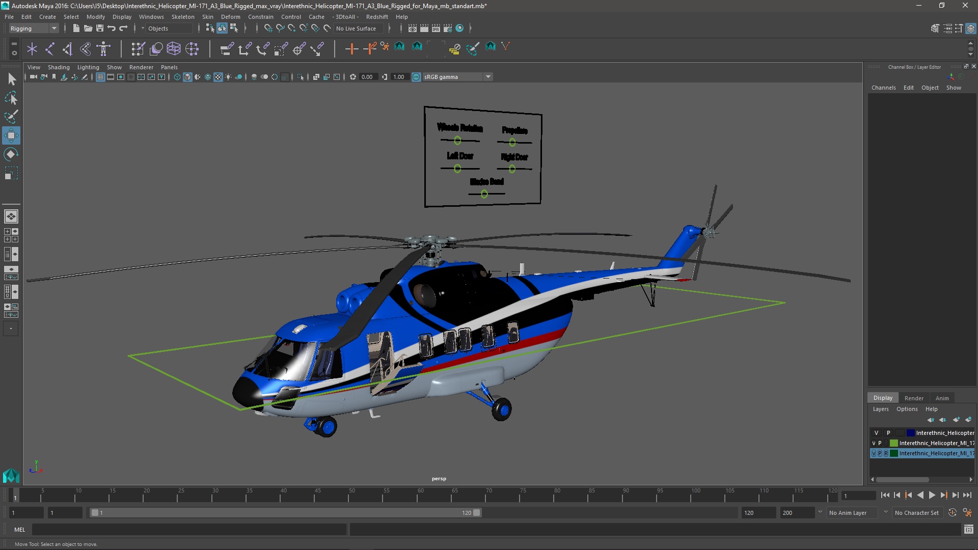 3D Interethnic Helicopter MI-171 A3 Blue Rigged for Maya model