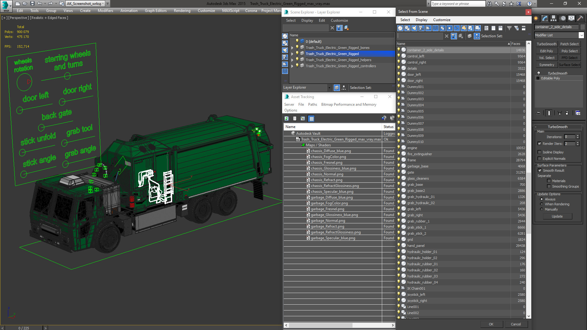 Trash Truck Electric Green Rigged for Maya 3D