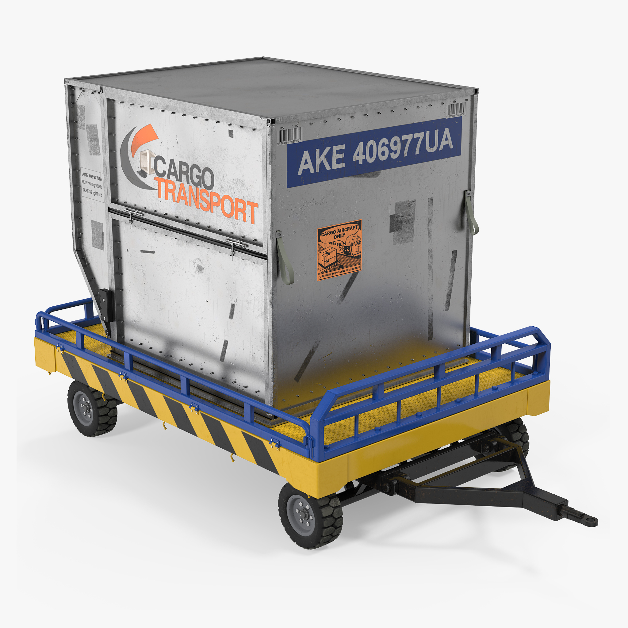 Airport Transport Trailer Low Bed Platform with Container 3D Model, view 4