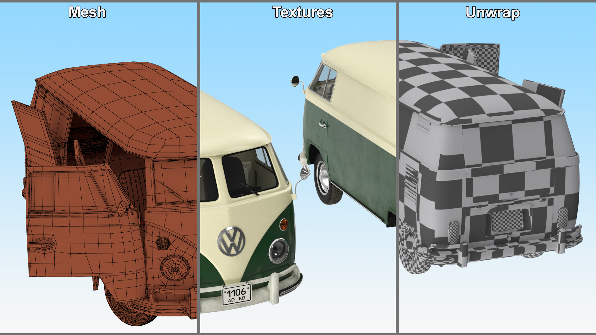 Vintage Volkswagen Bus with Side Door Rigged 3D model