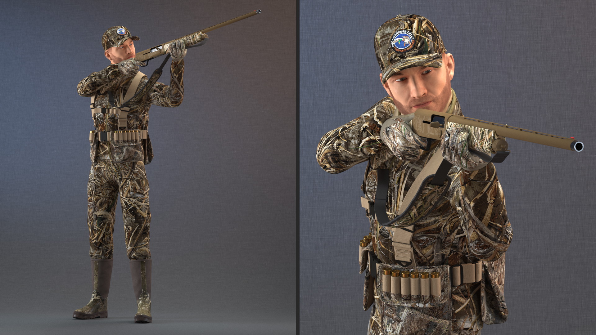 3D model Aiming Duck Hunter with Gun in Grass Camo Fur