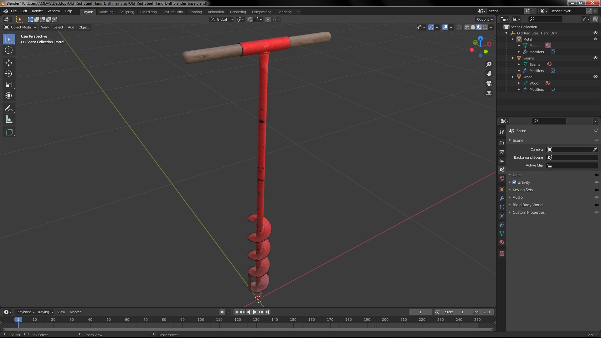 Old Red Steel Hand Drill 3D model