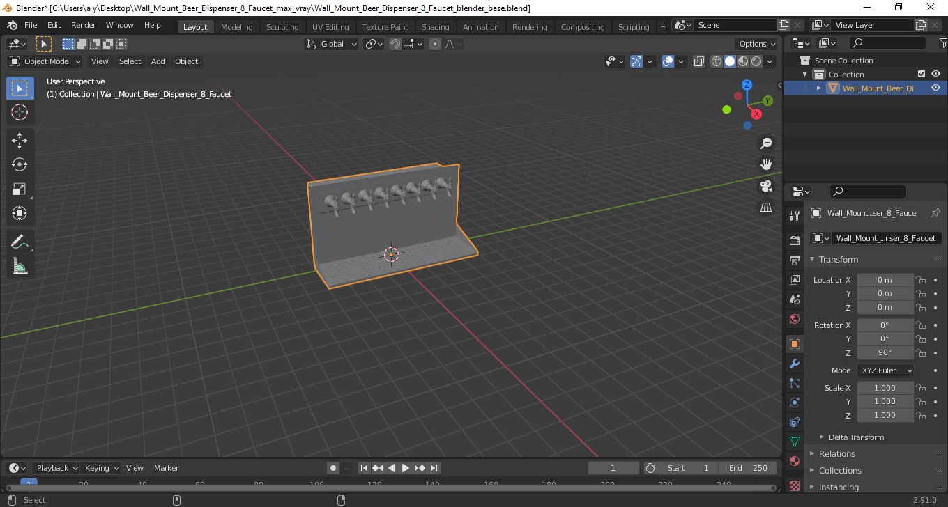 Wall Mount Beer Dispenser 8 Faucet 3D model