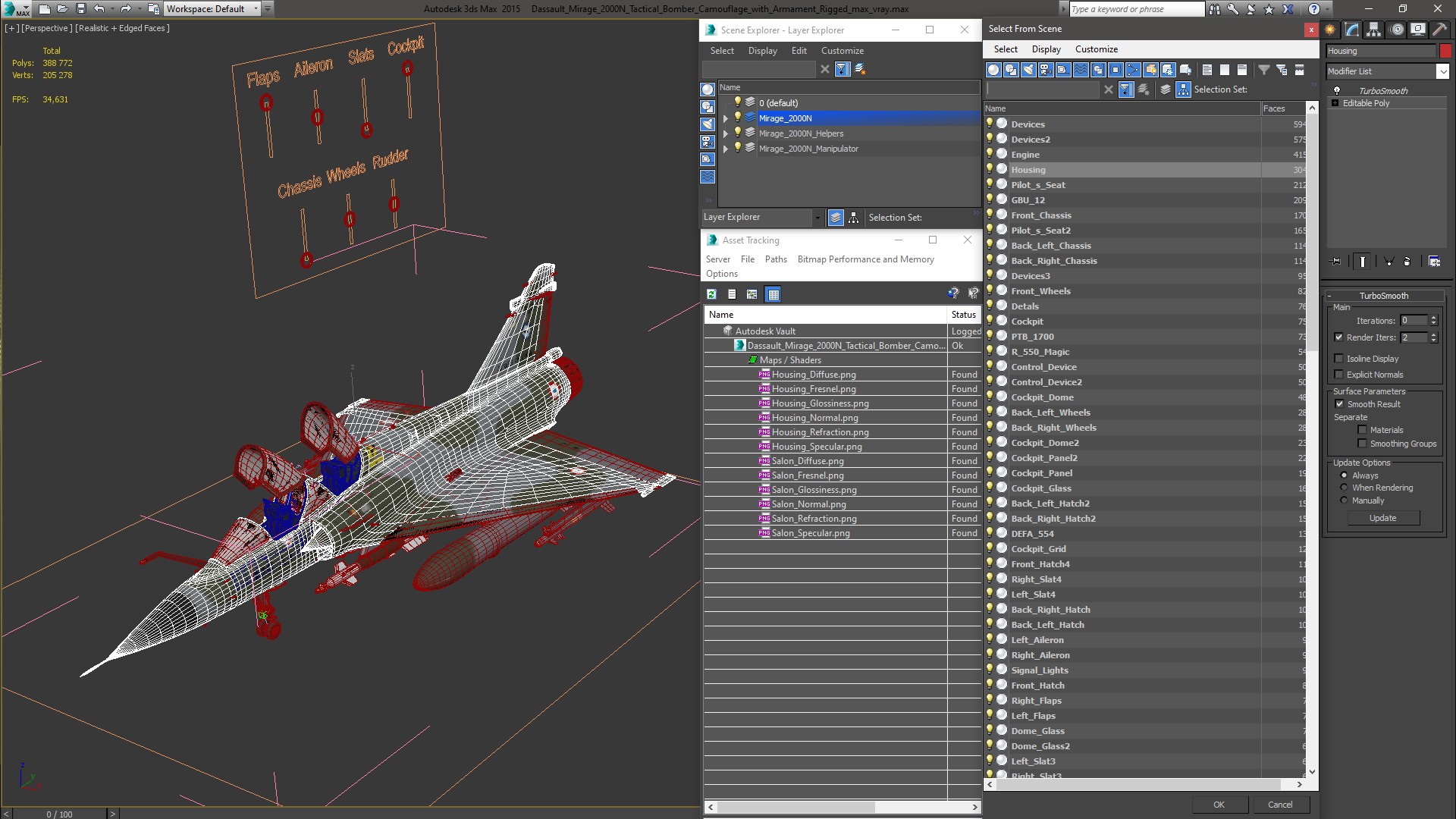 3D Dassault Mirage 2000N Tactical Bomber Camouflage with Armament Rigged for Cinema 4D model