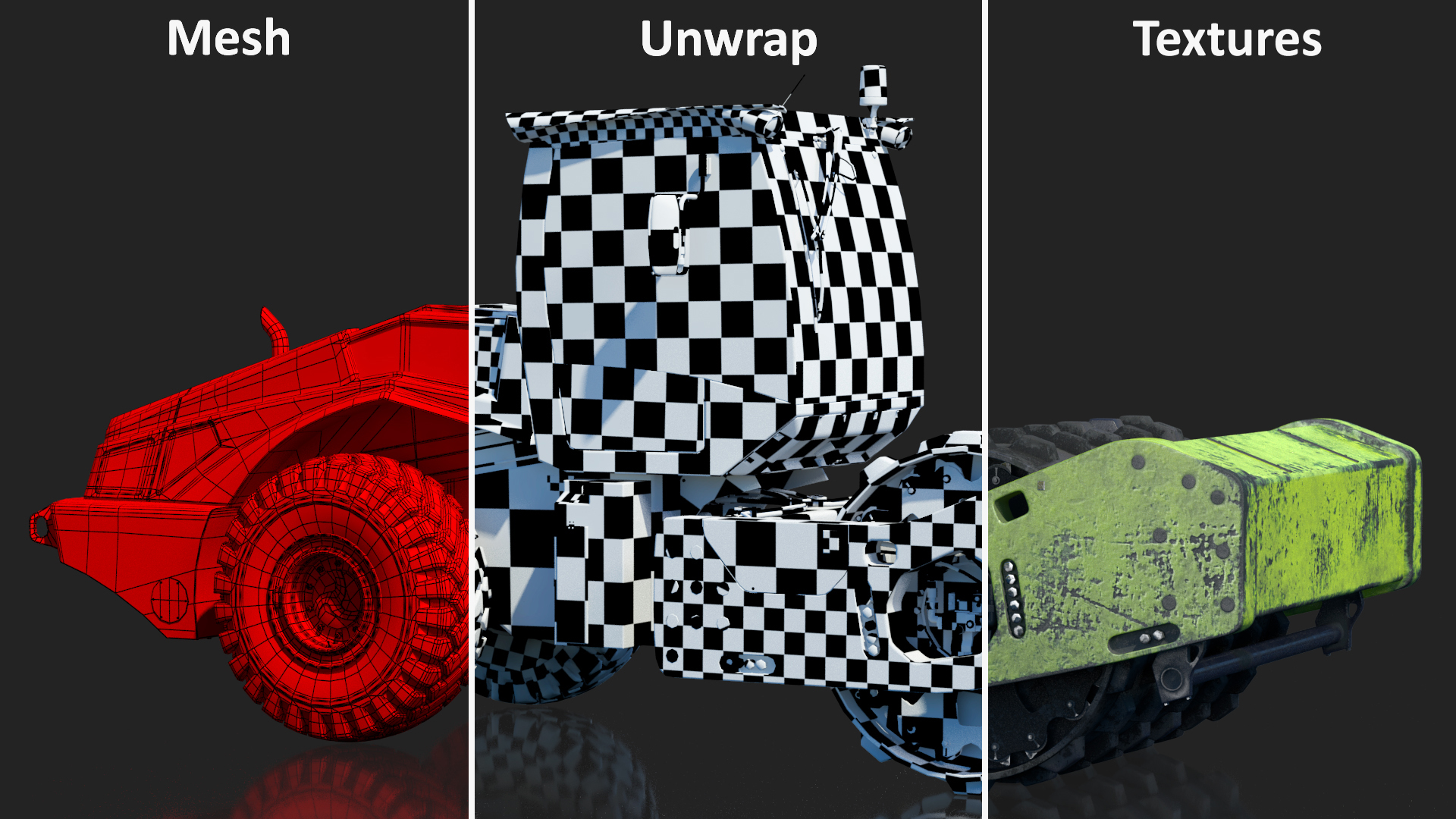 3D Single Drum Compactor Vehicle Dirty Rigged for Maya