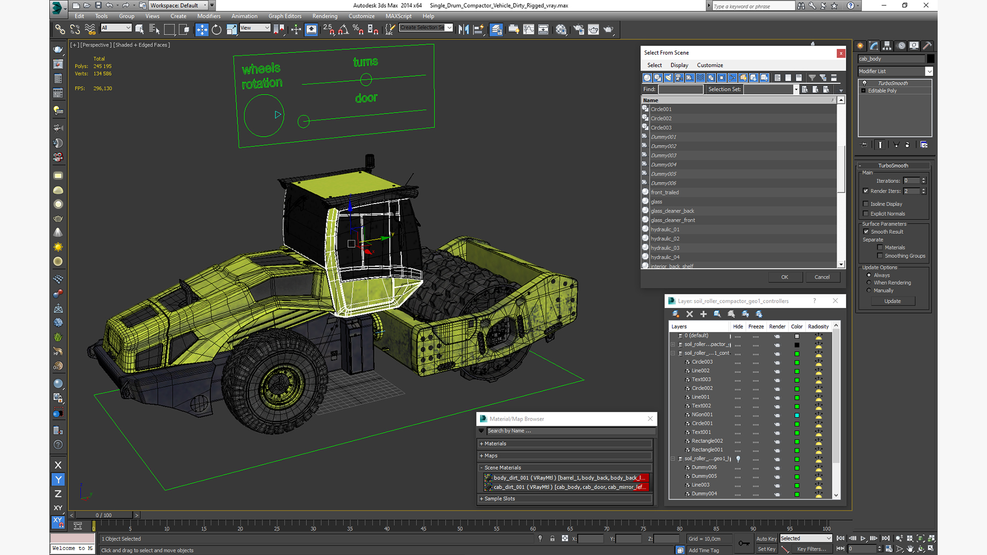 3D Single Drum Compactor Vehicle Dirty Rigged for Maya