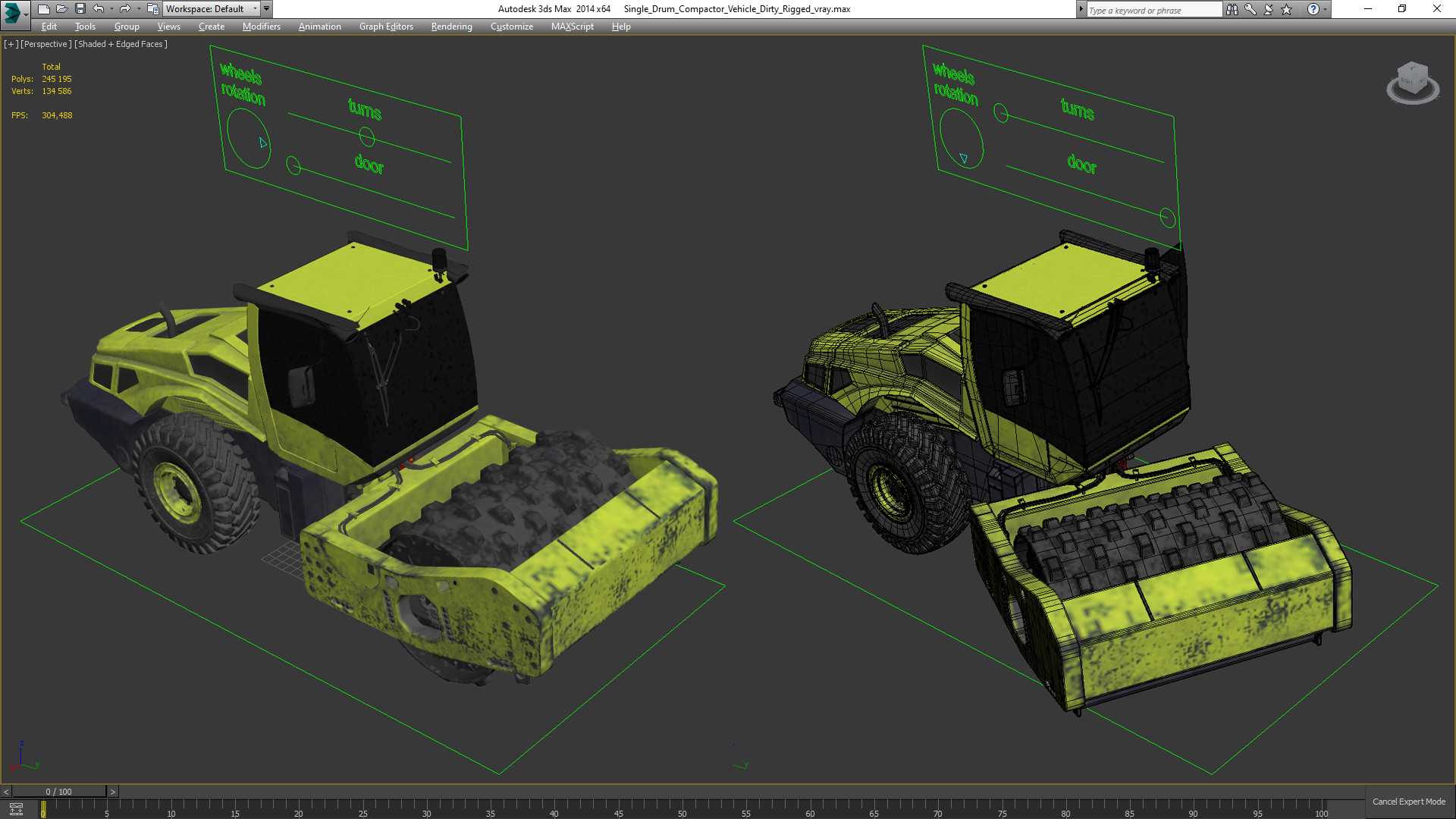 3D Single Drum Compactor Vehicle Dirty Rigged for Maya