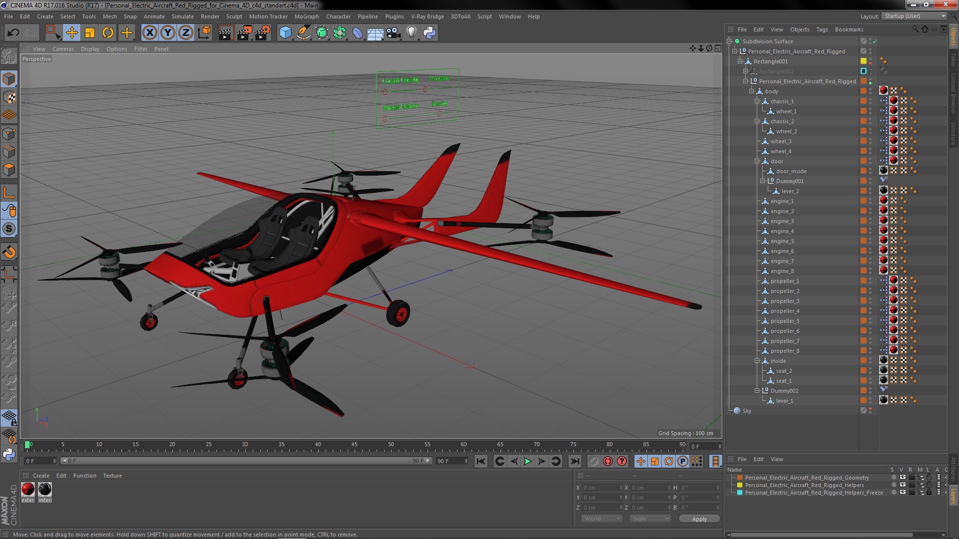 3D Personal Electric Aircraft Red Rigged for Cinema 4D