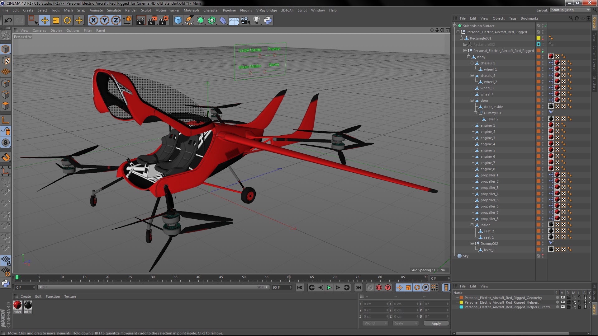 3D Personal Electric Aircraft Red Rigged for Cinema 4D