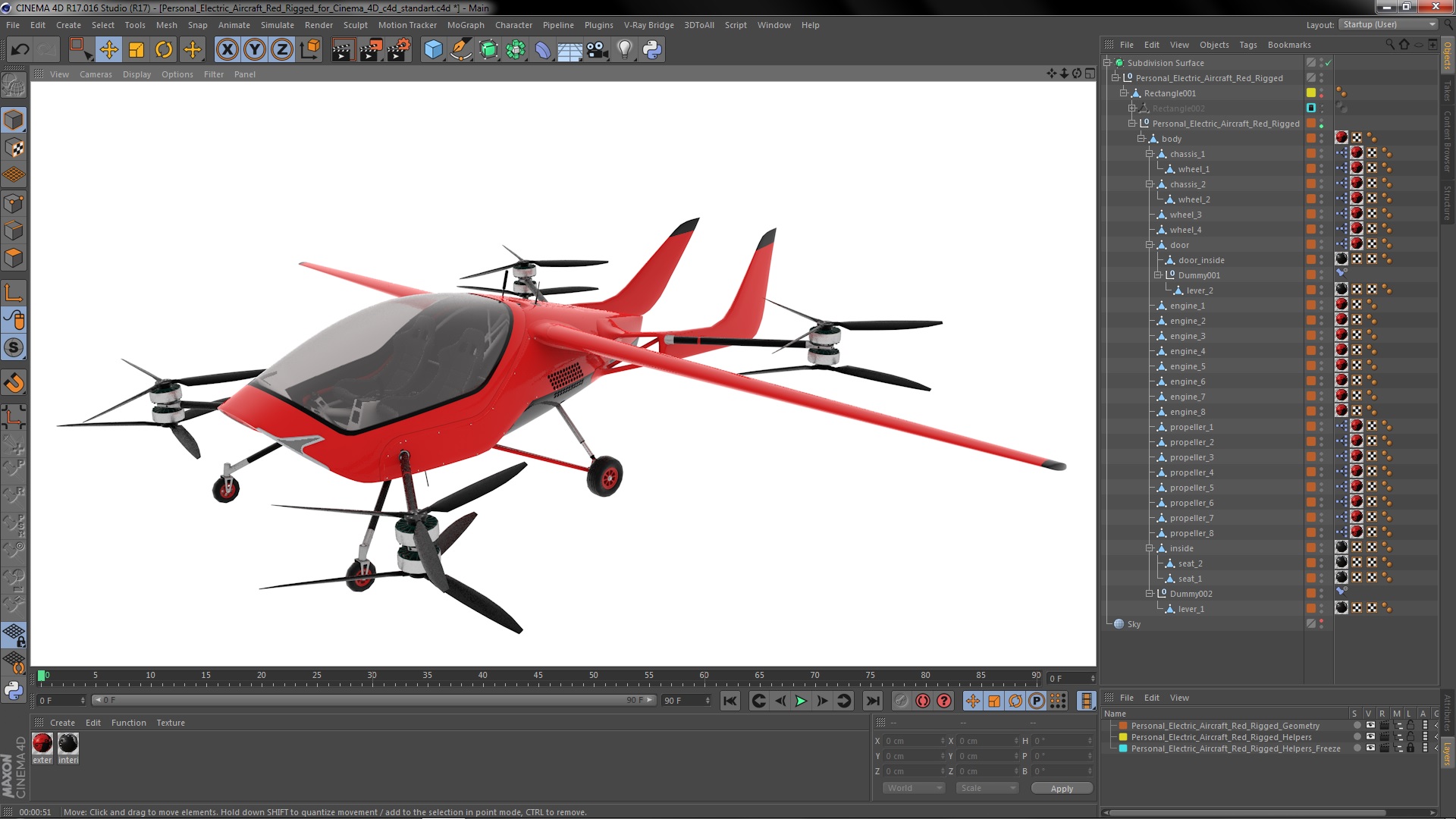 3D Personal Electric Aircraft Red Rigged for Cinema 4D