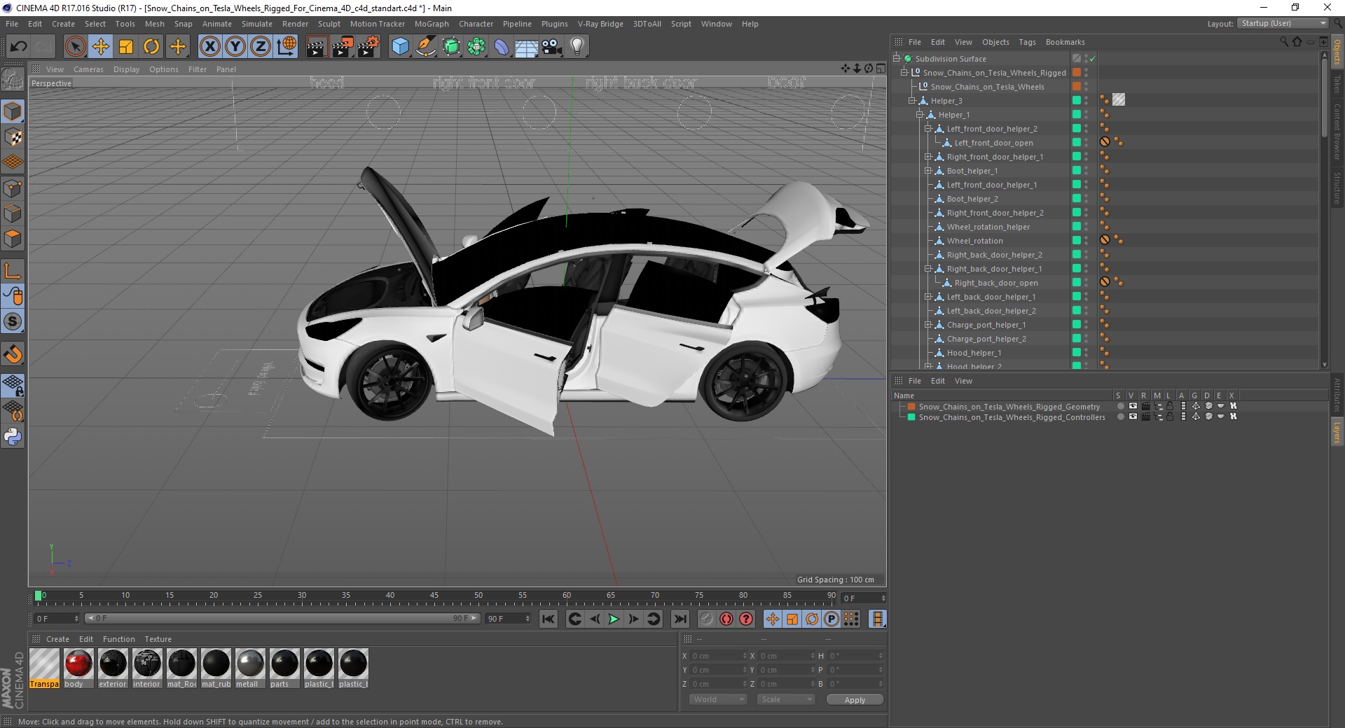 3D Snow Chains on Tesla Wheels Rigged for Cinema 4D model