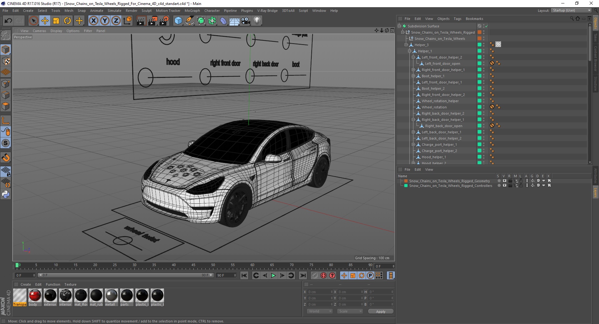 3D Snow Chains on Tesla Wheels Rigged for Cinema 4D model