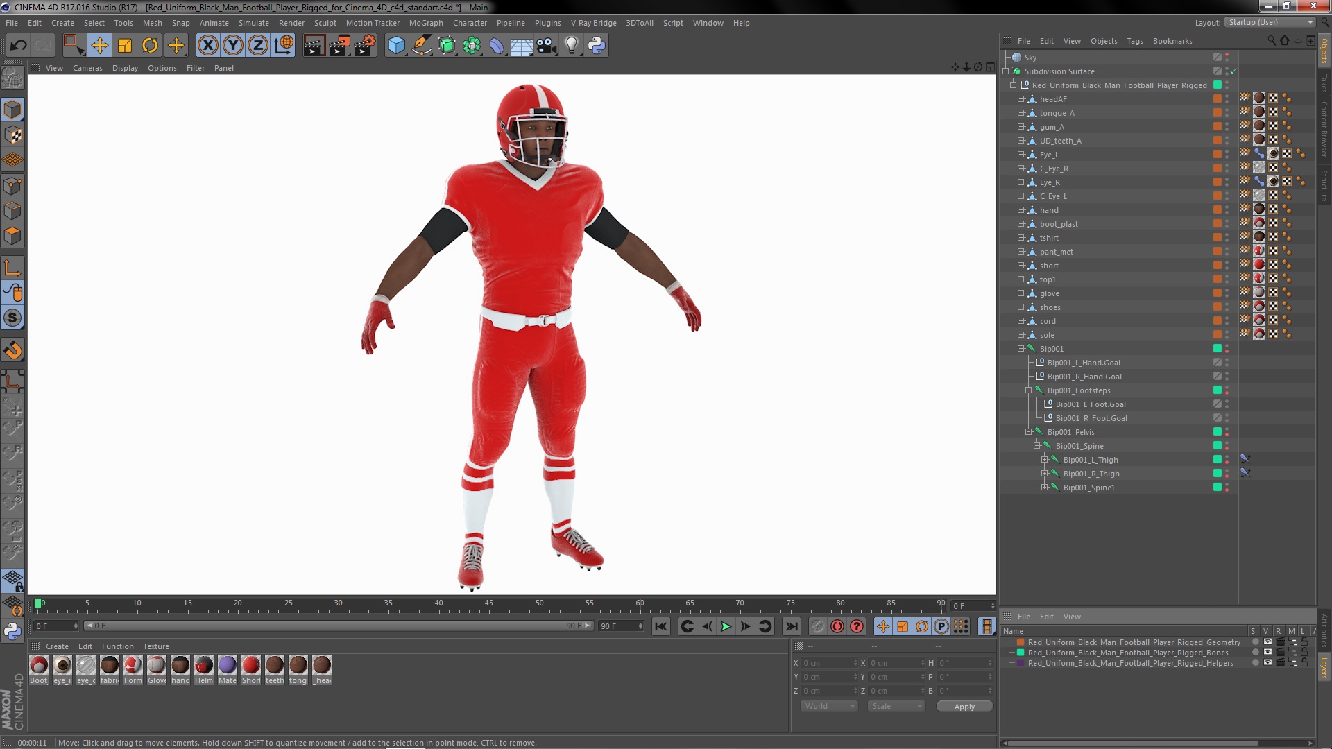 3D Red Uniform Black Man Football Player Rigged for Cinema 4D model