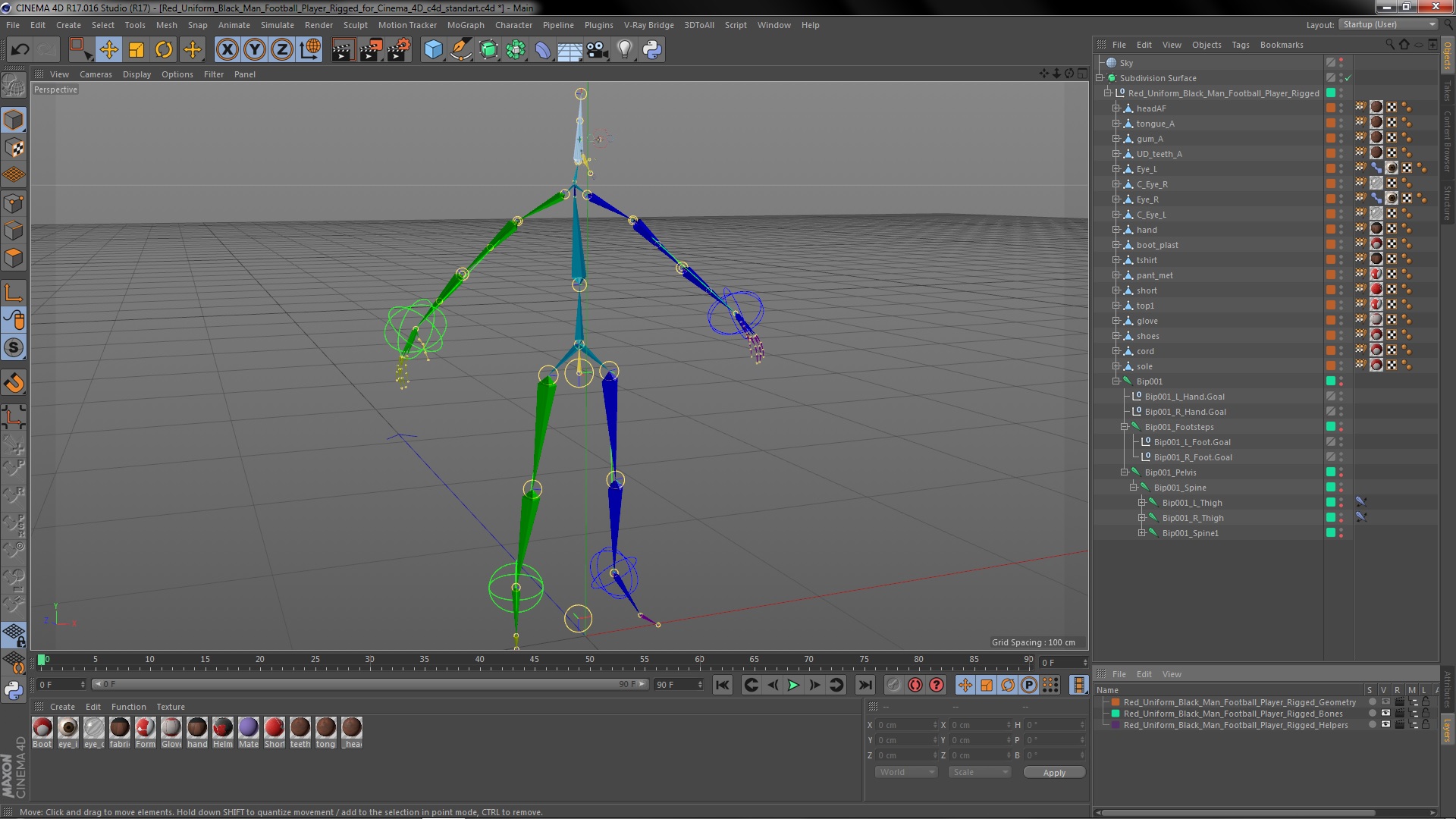 3D Red Uniform Black Man Football Player Rigged for Cinema 4D model