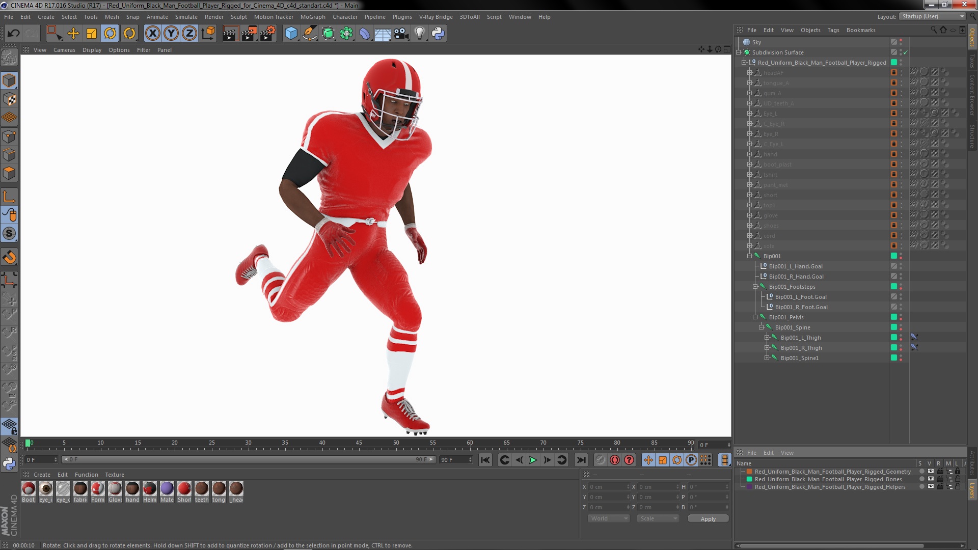 3D Red Uniform Black Man Football Player Rigged for Cinema 4D model