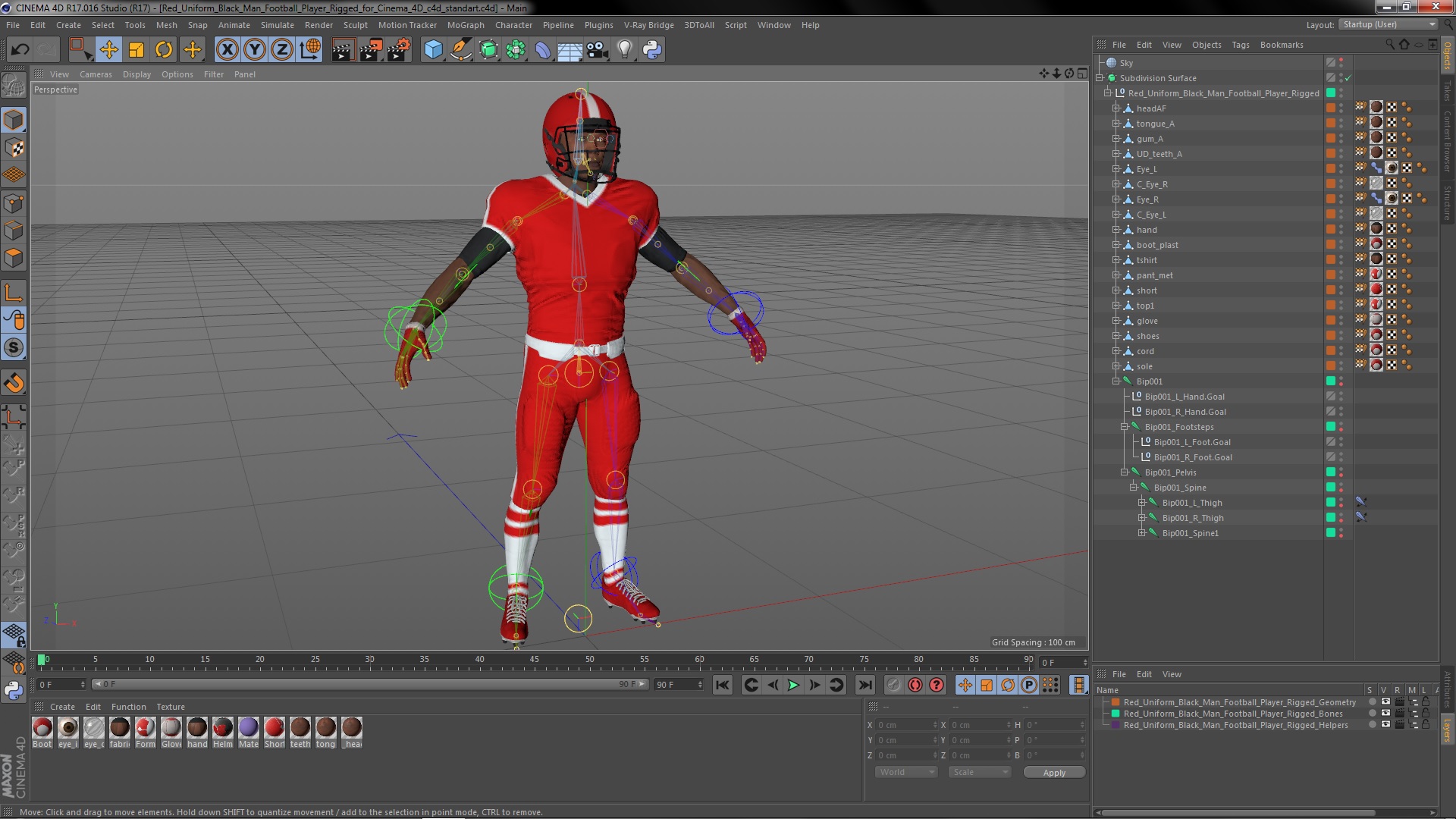 3D Red Uniform Black Man Football Player Rigged for Cinema 4D model