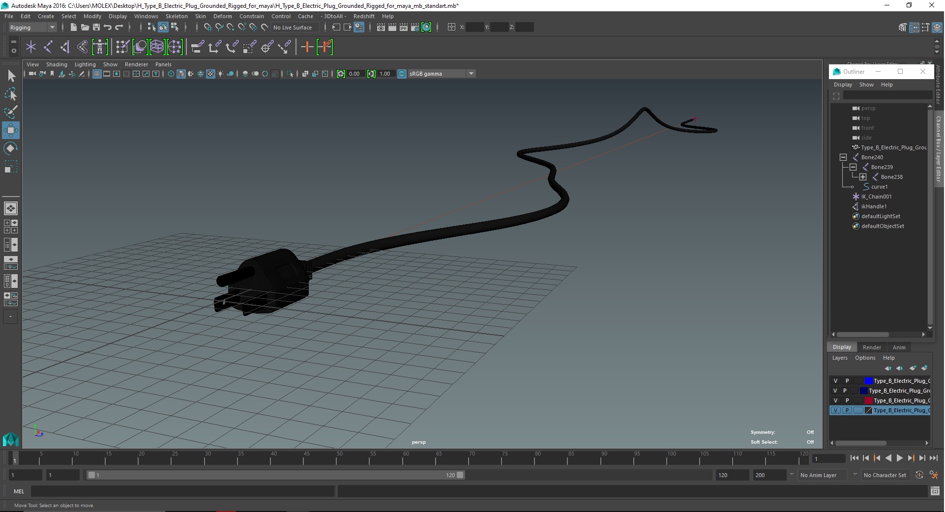 3D model Type B Electric Plug Grounded Rigged for Maya