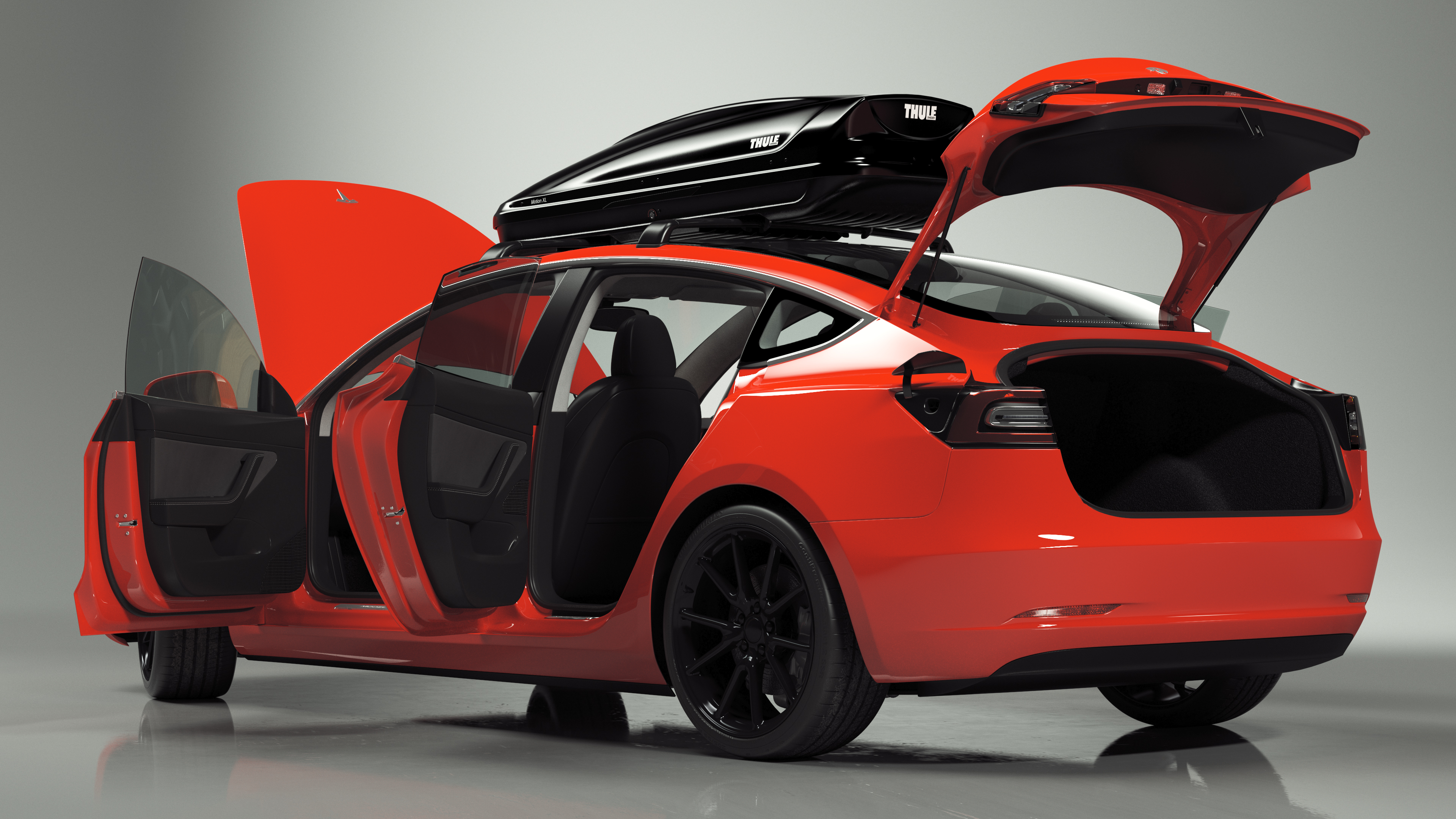 Tesla with Thule Car Roofbox on Roof Rack Rigged for Maya 3D