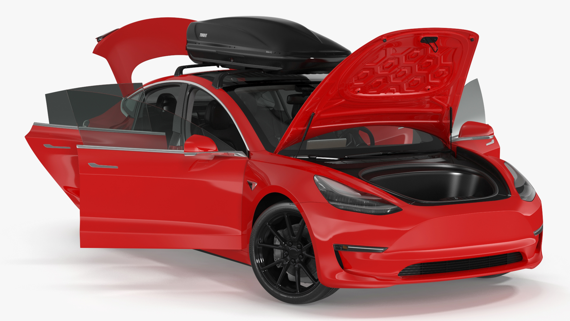 Tesla with Thule Car Roofbox on Roof Rack Rigged for Maya 3D