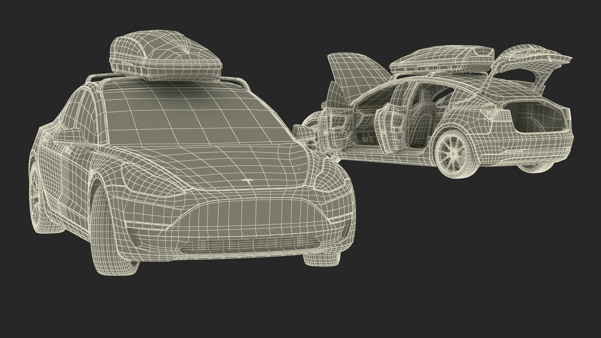 Tesla with Thule Car Roofbox on Roof Rack Rigged for Maya 3D