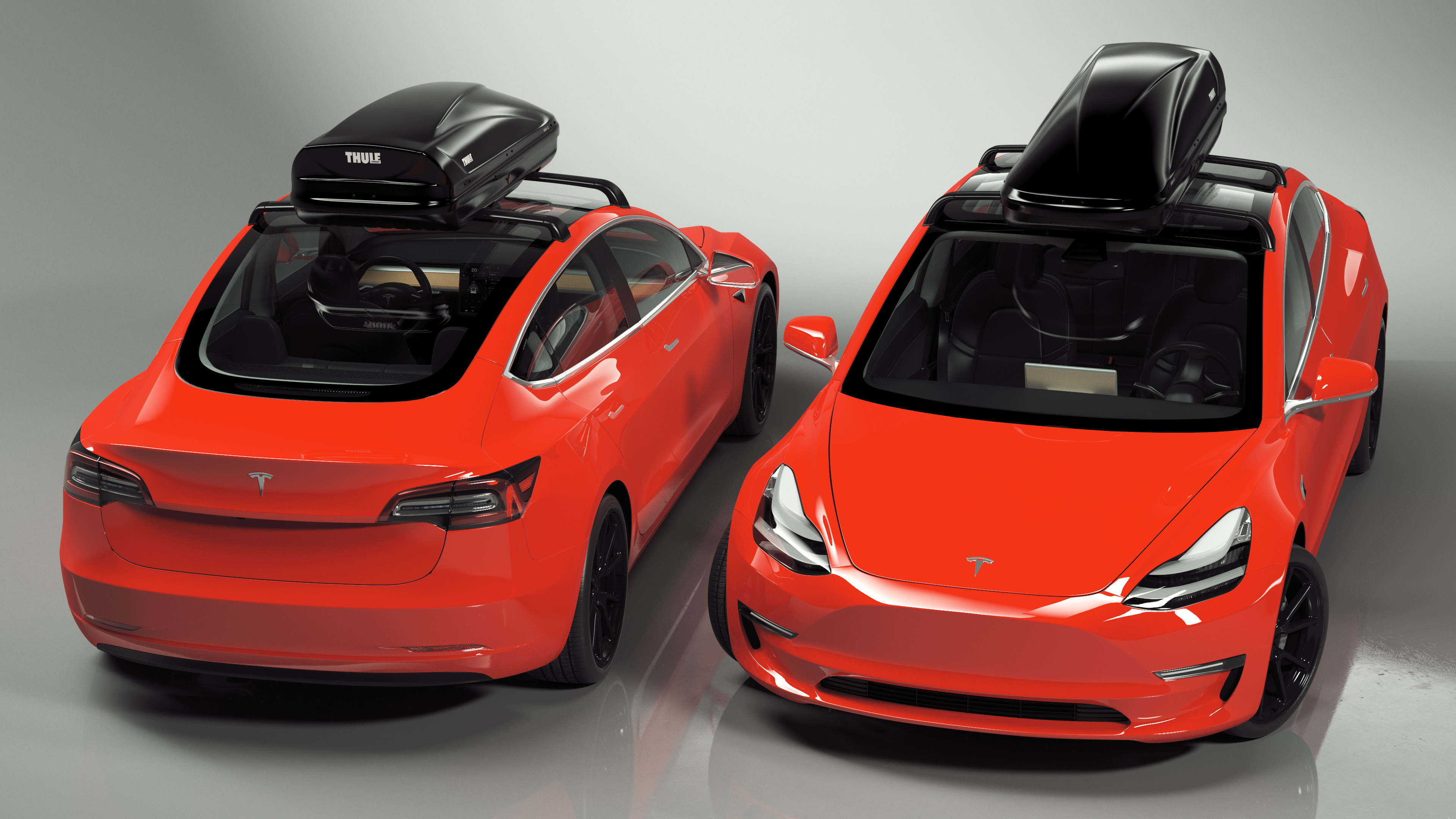 Tesla with Thule Car Roofbox on Roof Rack Rigged for Maya 3D
