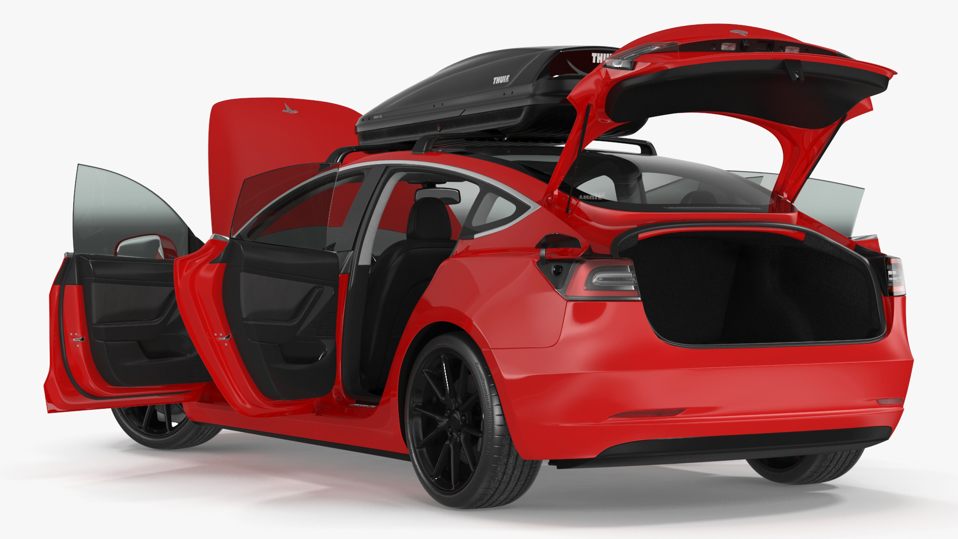 Tesla with Thule Car Roofbox on Roof Rack Rigged for Maya 3D