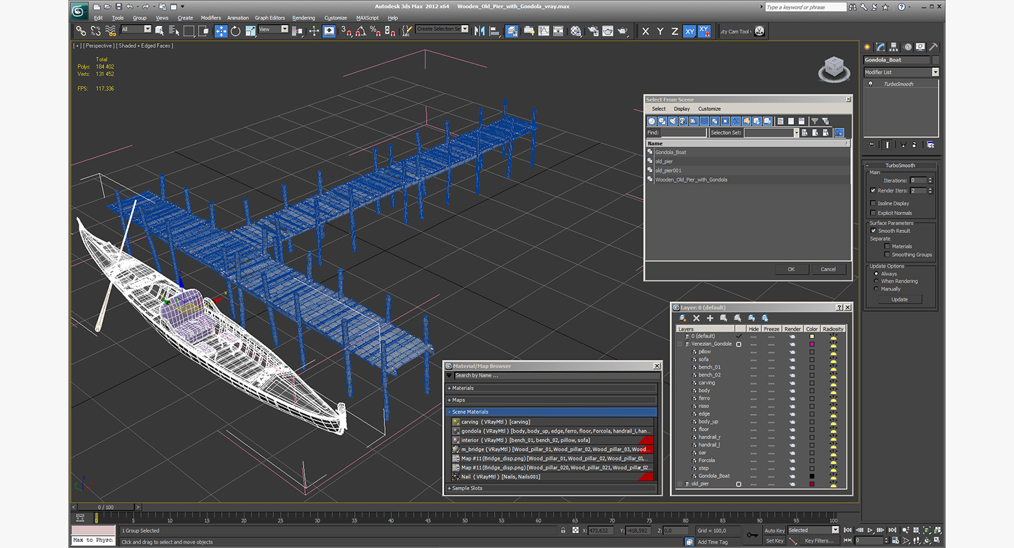 3D Wooden Old Pier with Gondola model