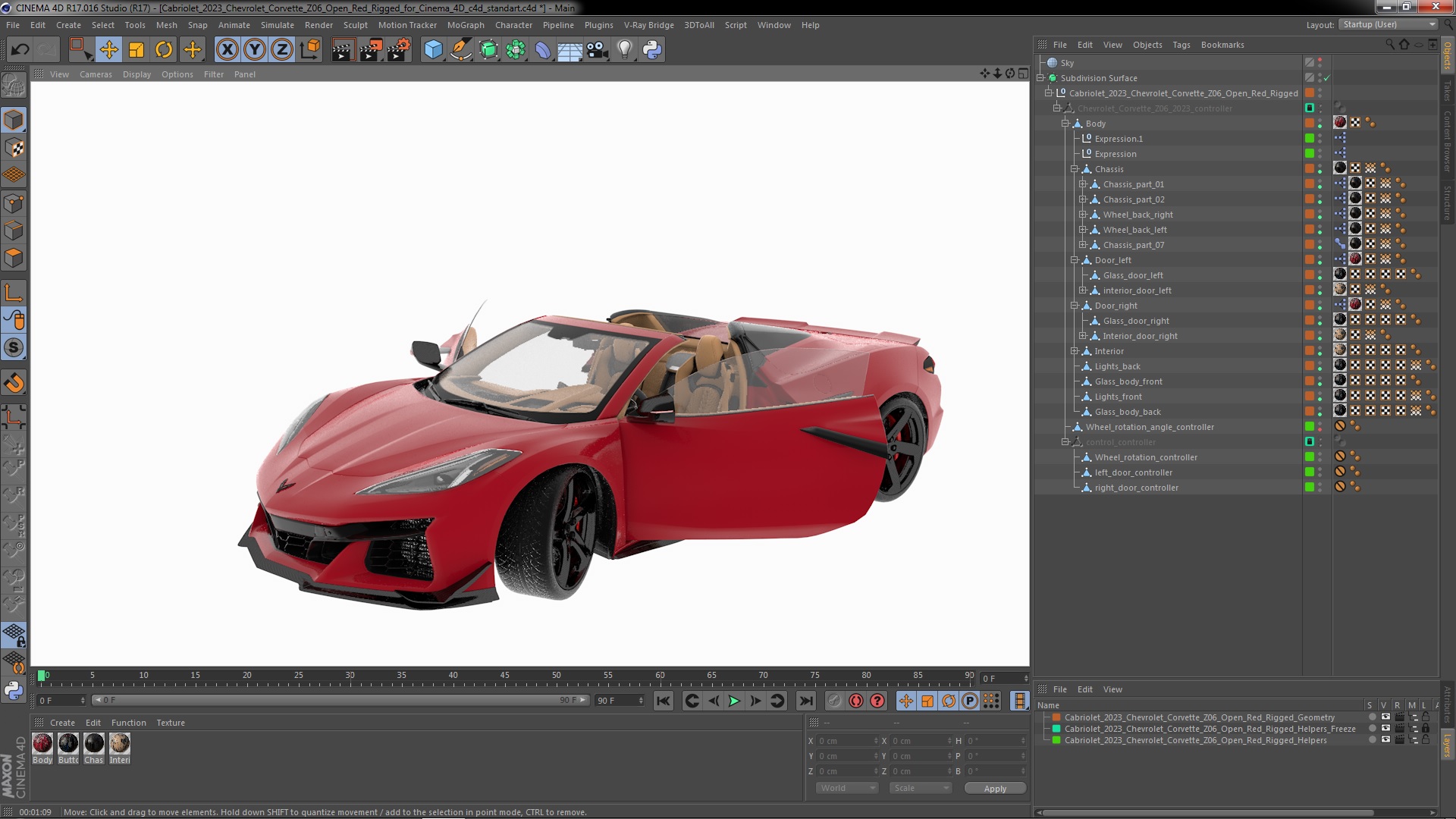Cabriolet 2023 Chevrolet Corvette Z06 Open Red Rigged for Cinema 4D 3D