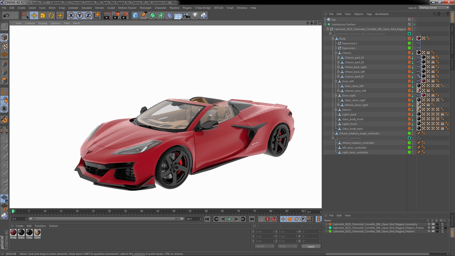 Cabriolet 2023 Chevrolet Corvette Z06 Open Red Rigged for Cinema 4D 3D