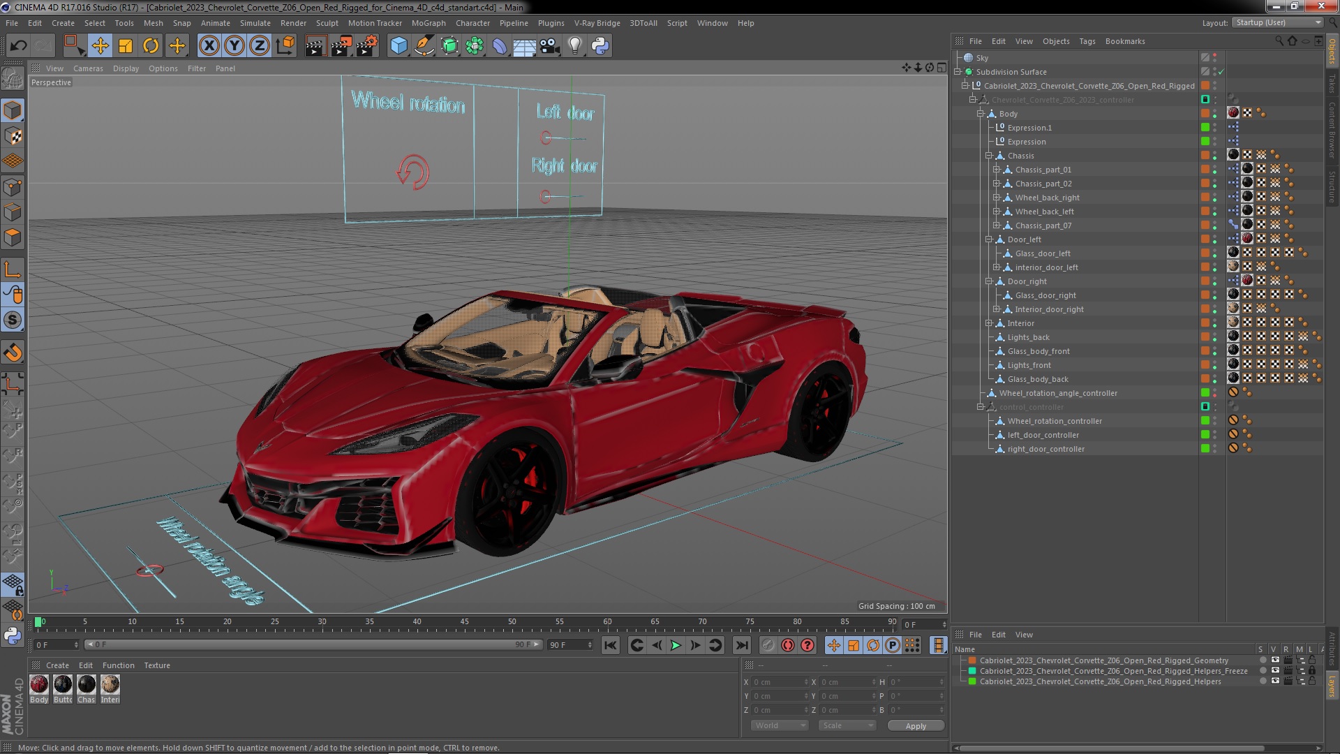 Cabriolet 2023 Chevrolet Corvette Z06 Open Red Rigged for Cinema 4D 3D