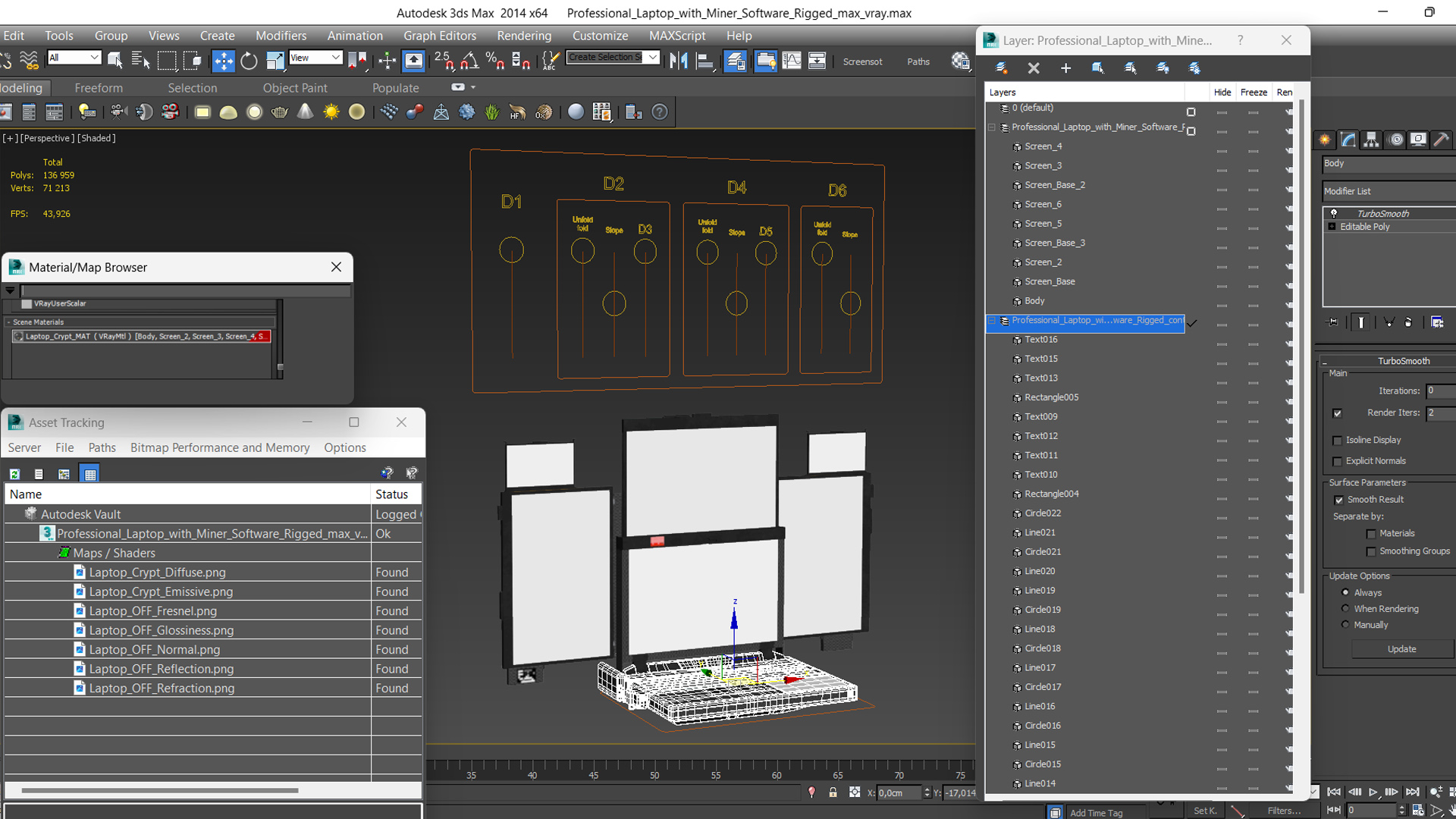 3D Professional Laptop with Miner Software Rigged