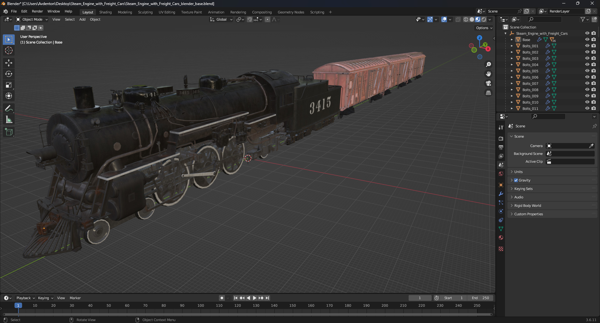 3D model Steam Engine with Freight Cars