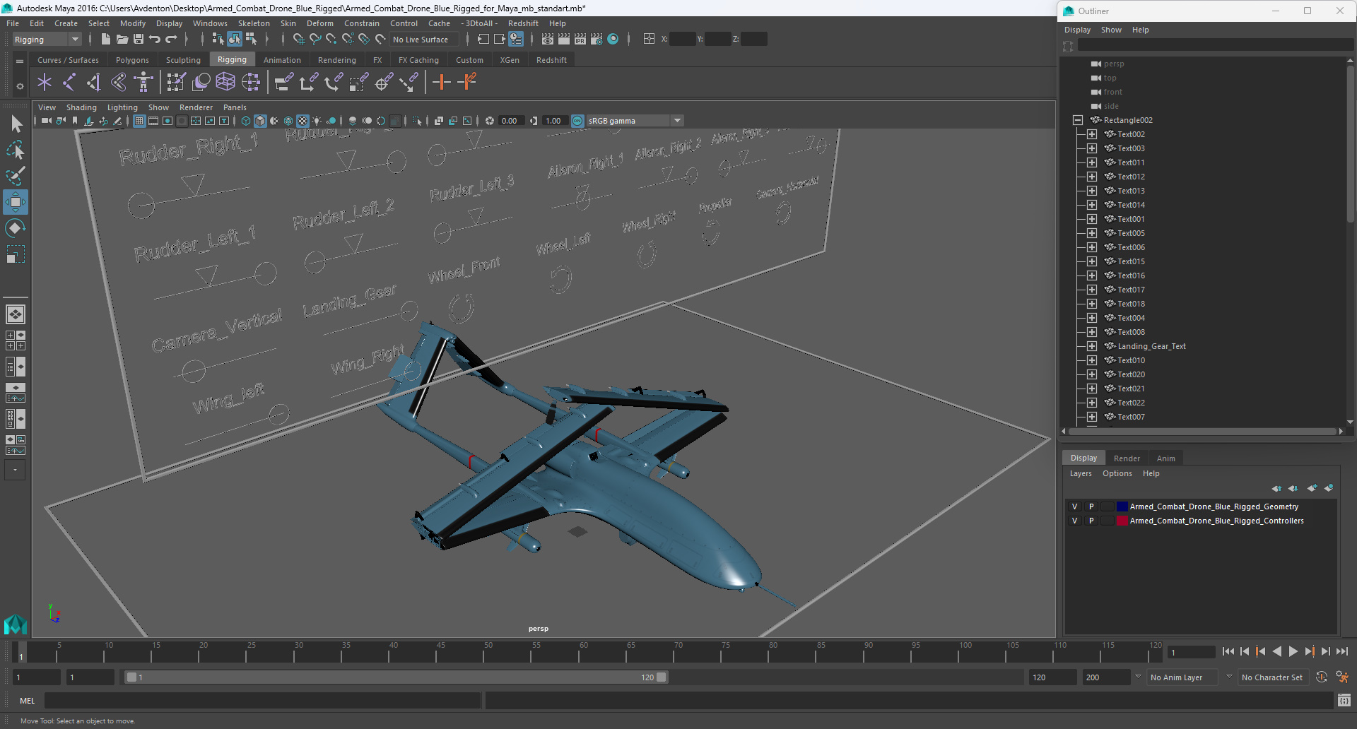 Armed Combat Drone Blue Rigged for Maya 3D model