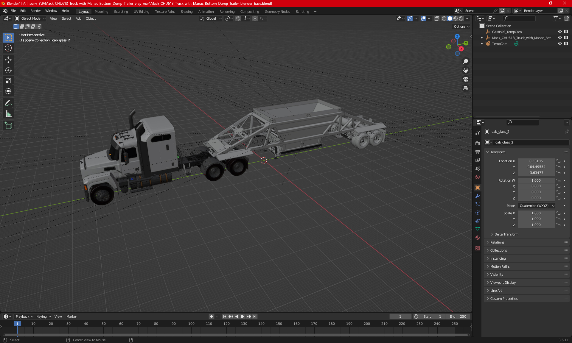 3D Mack CHU613 Truck with Manac Bottom Dump Trailer model