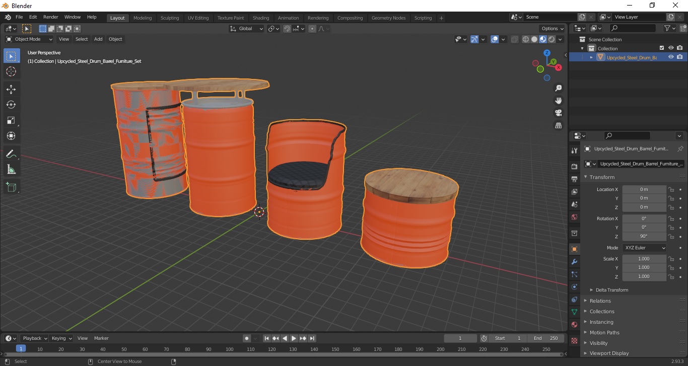 3D model Upcycled Steel Drum Barrel Furniture Set