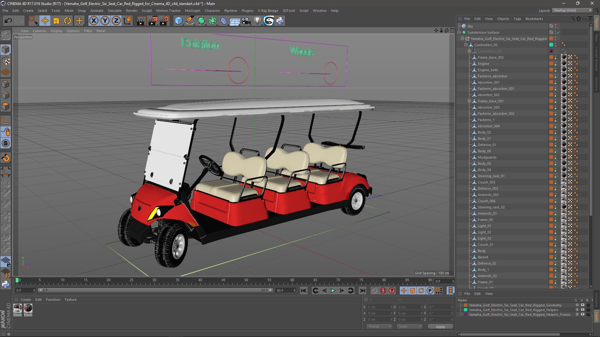 3D Yamaha Golf Electric Six Seat Car Red Rigged for Cinema 4D model
