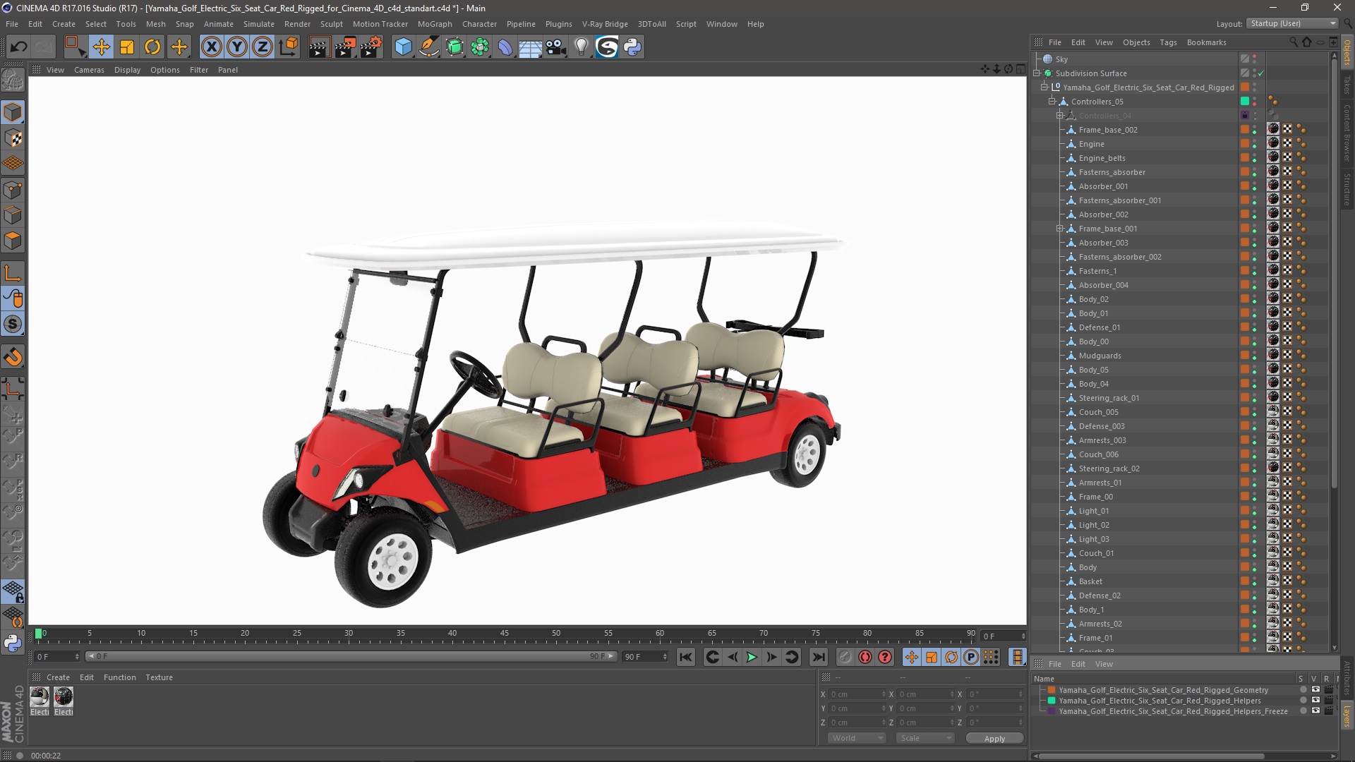 3D Yamaha Golf Electric Six Seat Car Red Rigged for Cinema 4D model