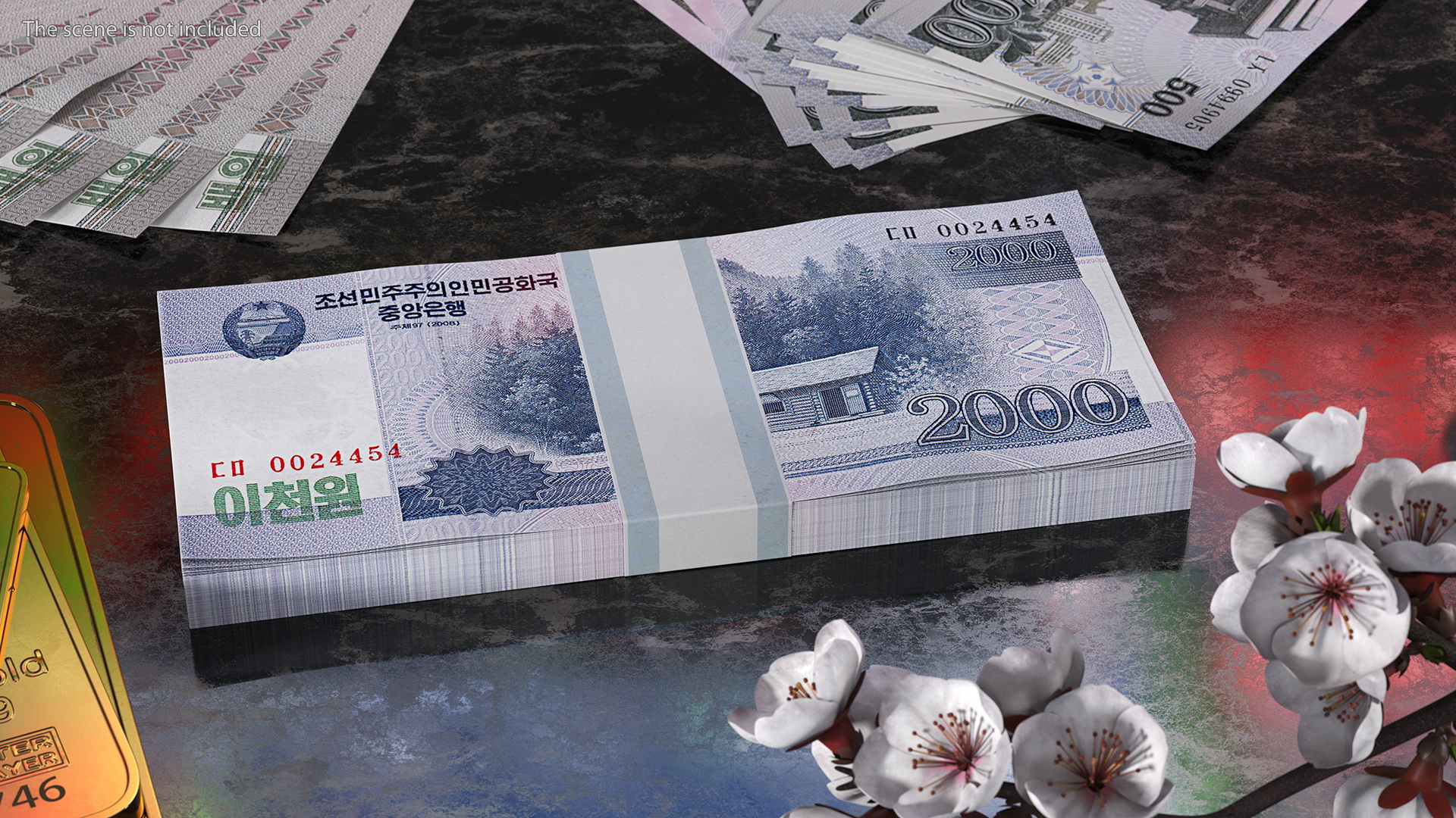 North Korea 2000 Won Banknotes Bundle 3D