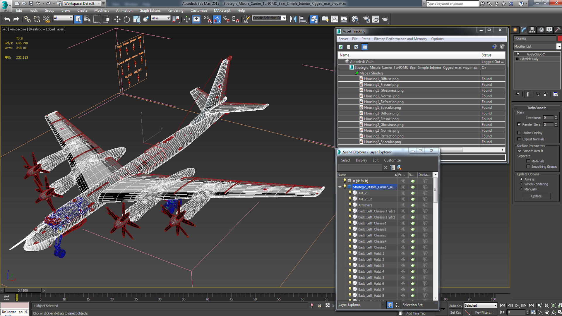 3D Strategic Missile Carrier Tu-95MC Bear Simple Interior Rigged