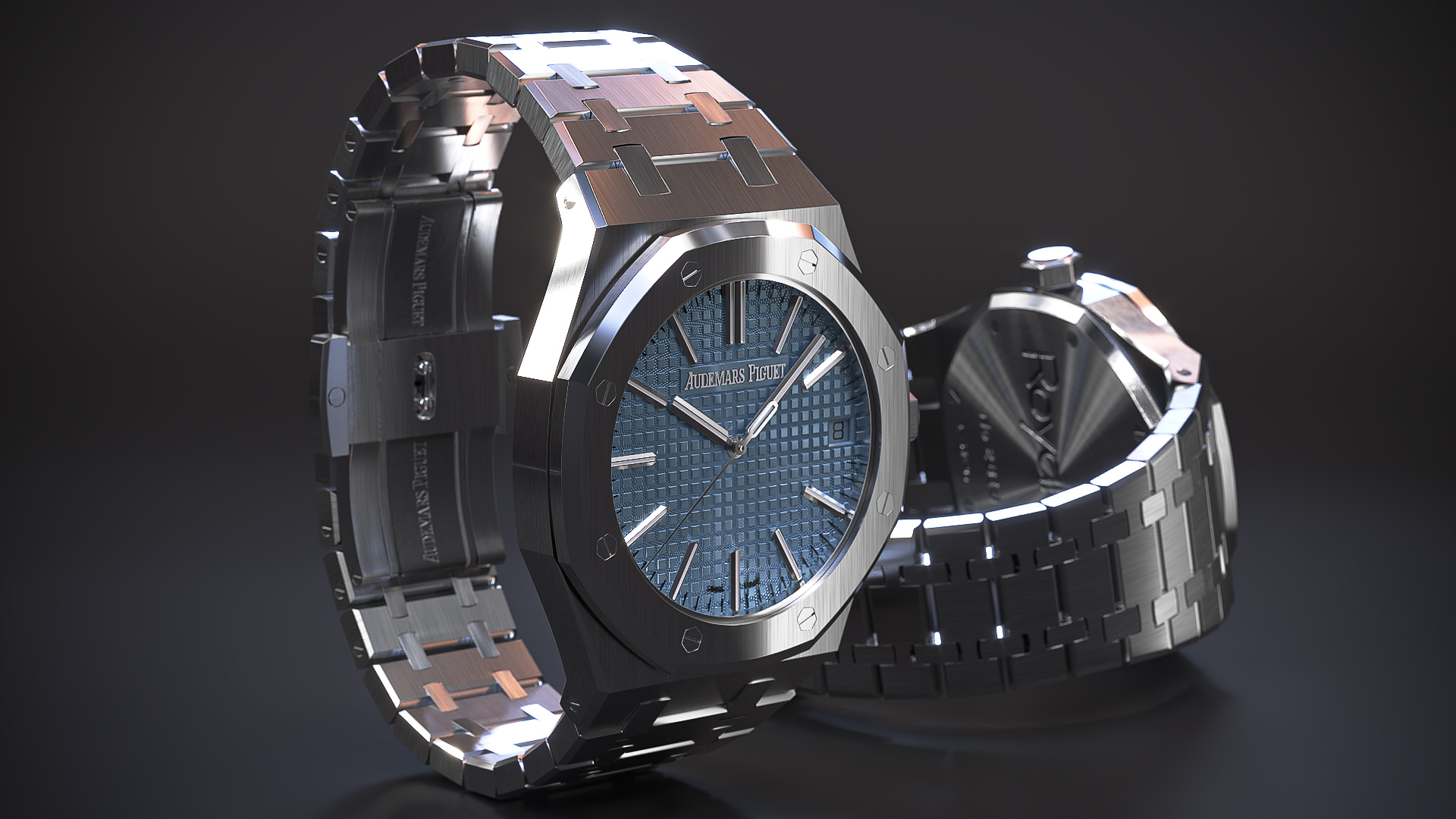 3D Audemars Piguet Royal Oak Smoked Blue White Gold Grande Tapisserie