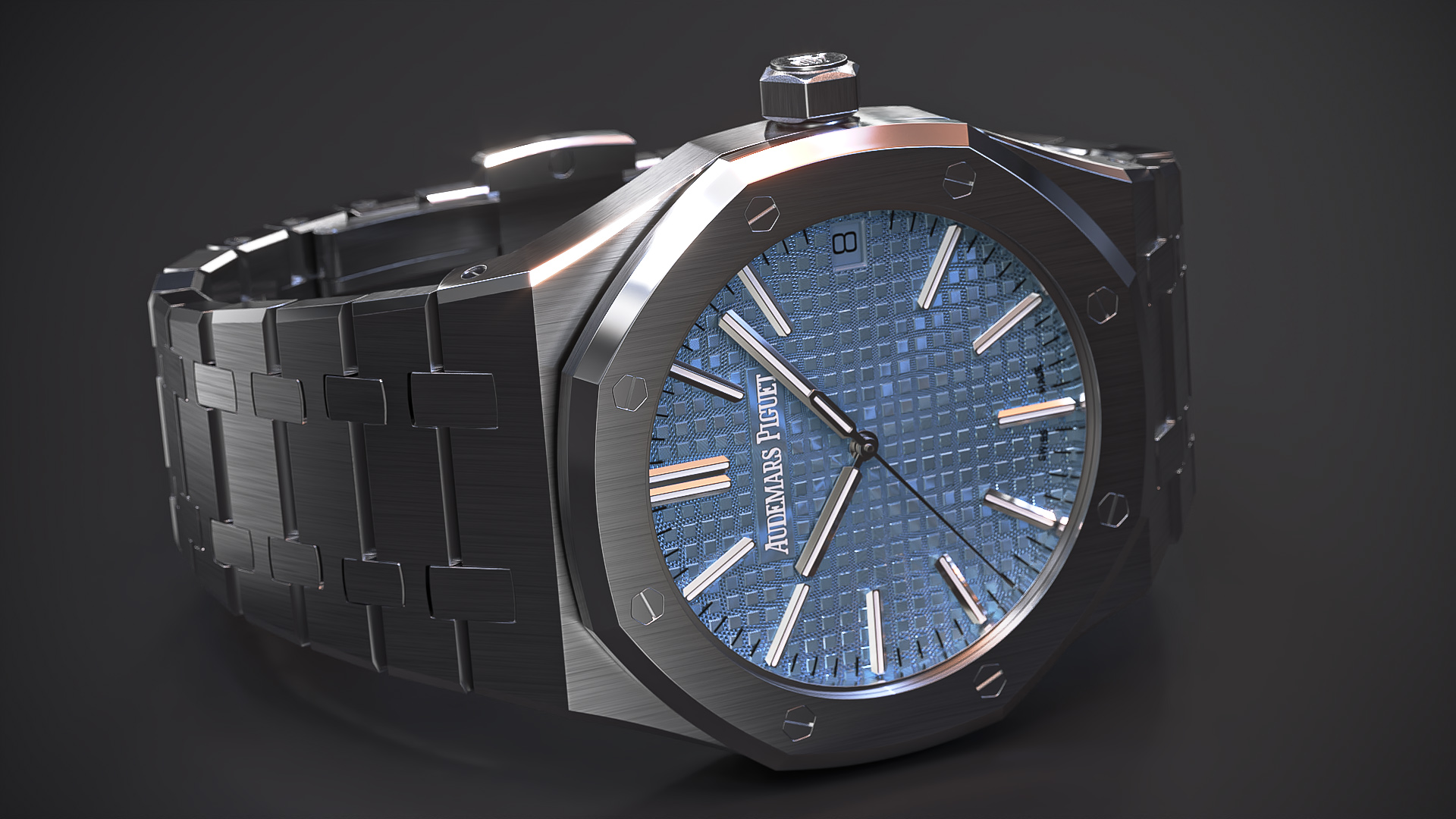 3D Audemars Piguet Royal Oak Smoked Blue White Gold Grande Tapisserie