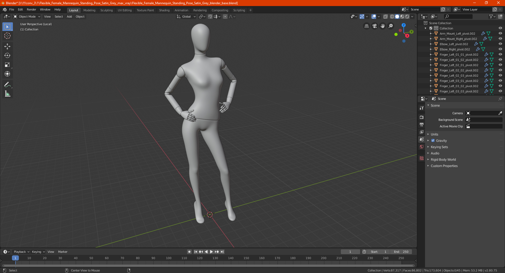 3D model Flexible Female Mannequin Standing Pose Satin Grey